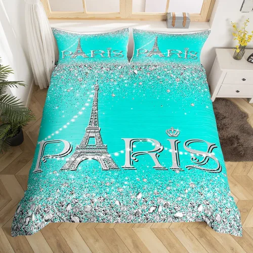 Miniatura 18 de Erosebridal Funda de edredón de la Torre Eiffel para niñas, juego de ropa de cama romántica de París azul, negro y blanco, funda de edredón