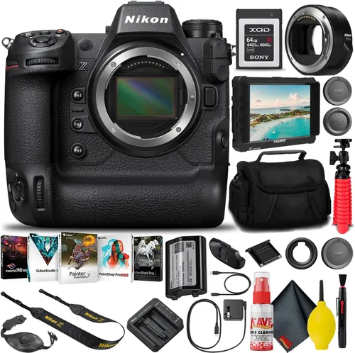 Nikon Cuerpo de cámara Z9 FX sin espejo con adaptador de montaje FTZ II (1669) + tarjeta de memoria XQD de 64 GB + monitor HD de 7 pulgadas +