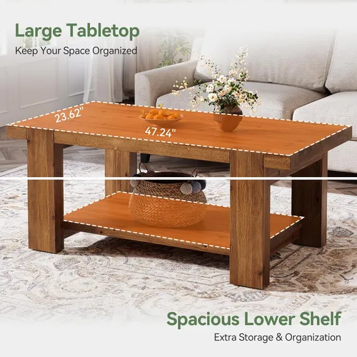 Miniatura 6 de Mesa de centro de madera maciza con estante de almacenamiento de 2 niveles, mesa central rectangular de granja de 47.2 pulgadas para sala de estar