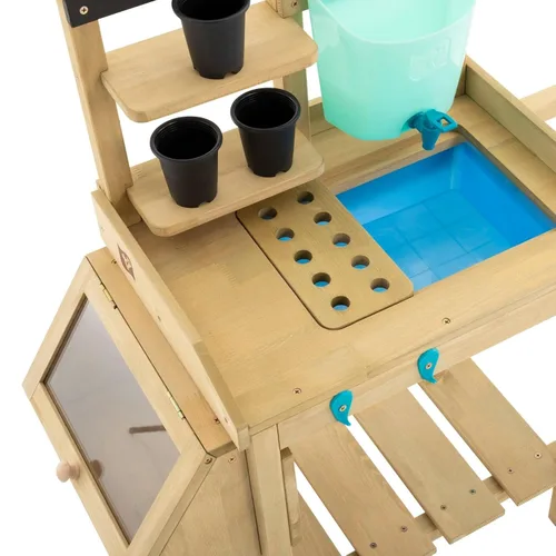 Miniatura 10 de TP Toys - Banco de macetas para niños, mesa de jardinería de madera para exteriores con ruedas, fregadero y grifo, estantes de almacenamiento