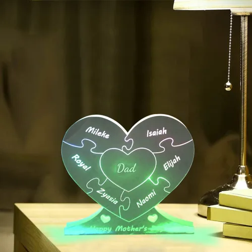 Miniatura 5 de Rompecabezas de nombre de familia personalizado, luz LED, espejo de corazón, espejo de dormitorio, espejo acrílico personalizado de 1 a 12 nombres