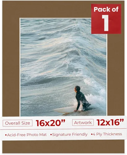 Matboard precortado de 16 x 20 pulgadas para fotos de 12 x 16 pulgadas, color marrón roble envejecido sin ácidos, con tablero de respaldo y bolsa