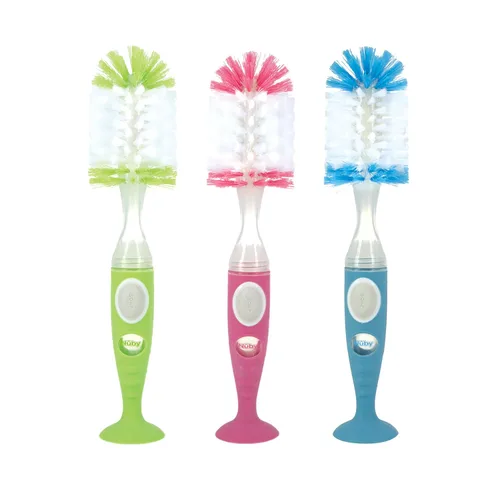 Miniatura 6 de Nuby Cepillo para botella de cerdas suaves y duraderas con asas texturizadas y base de succión, sistema 2 en 1, color azul