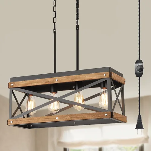 Miniatura 8 de Lámpara Colgante Rústica de Granja con Enchufe con Cadena Ajustable, Interruptor Regulable, Jaula de Tambor de Madera de Roble y Metal, Mini Lámpara