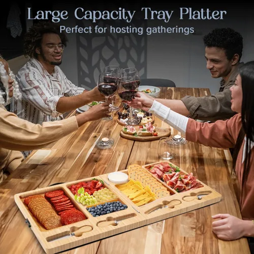 Miniatura 5 de Tabla de charcutería – Tabla grande de queso de bambú con juego de cuchillos magnéticos – Plato de queso de madera – Tabla de charcutería plegable