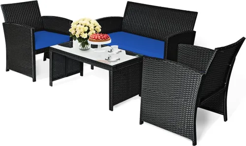 KOTEK Juego de muebles de patio de 4 piezas, juego de conversación de mimbre de ratán al aire libre, juego de sofá y mesa de ratán al aire libre con