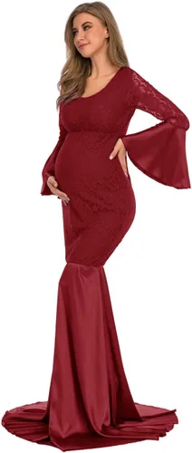 Miniatura 4 de ZIUMUDY Vestido ajustado de encaje de maternidad de manga larga maxi sirena fotografía vestido baby shower sesión de fotos
