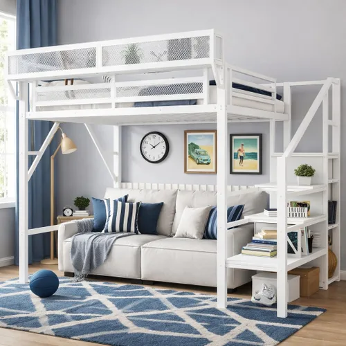 Miniatura 14 de Base de cama Queen Loft con escaleras y almacenamiento, marco de cama de metal resistente, capacidad de 800 libras, para adultos y adolescentes