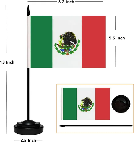Miniatura 2 de Juego de banderas de escritorio de México, paquete de 2 banderas de mesa mexicanas, mini bandera de escritorio pequeña con poste negro sólido de 12