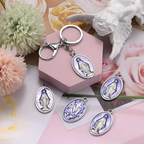 Miniatura 7 de 10 medallas católicas grandes de la Virgen María – Colgante ovalado de esmalte azul de aleación para hacer collares, joyas, ideal para hombres