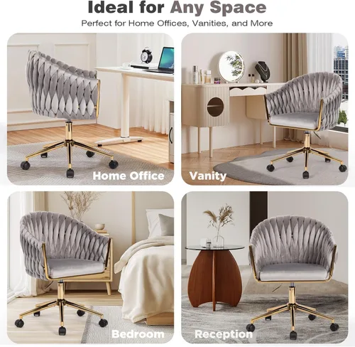 Miniatura 4 de Silla de Oficina de Terciopelo con Respaldo Tejido a Mano, Sillas de Escritorio de Tocador con Ruedas Doradas, Silla de Escritorio Giratoria