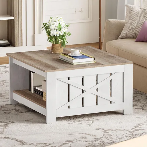 Miniatura 3 de Mesa de café cuadrada DWVO para sala de estar, mesa de café de casa de campo con almacenamiento, mesas de café de madera de 2 niveles mesa central