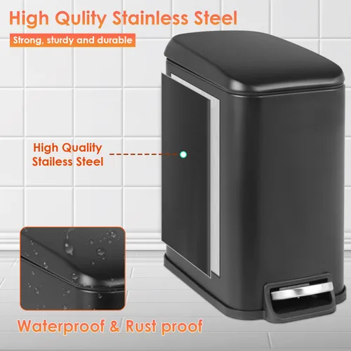 Miniatura 3 de PayLessHere Cubo de basura delgado de 1.3 galones con tapa, pequeño cubo de basura negro de acero inoxidable con cubo interior extraíble