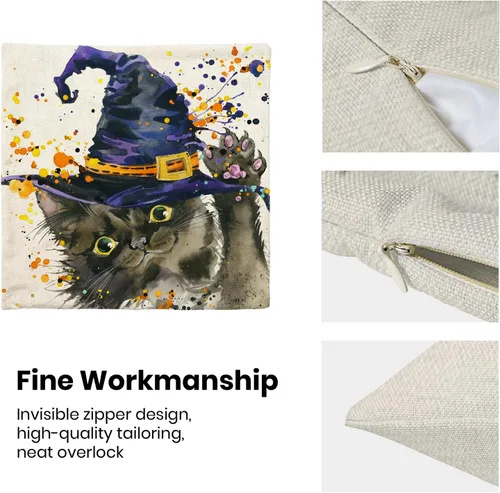 Miniatura 5 de Juego de 2 fundas de almohada de Halloween de 18 x 18 pulgadas, fundas decorativas de Halloween con sombrero de gato y bruja, fundas de almohada