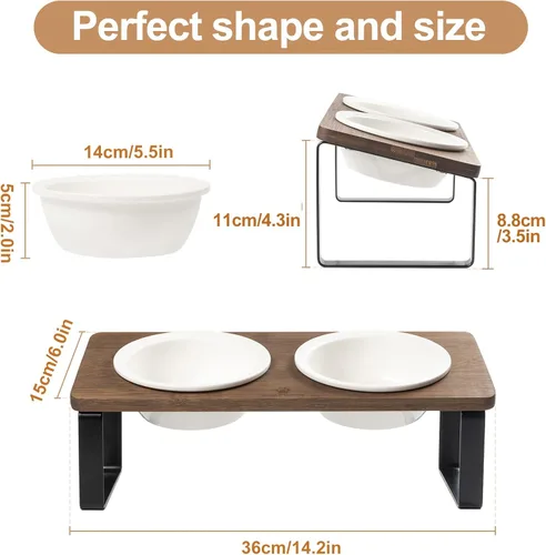 Miniatura 2 de Sunhoo Cuencos elevados de cerámica para gatos, platos elevados para cachorros para alimentos y agua, soporte de madera inclinado para gatos