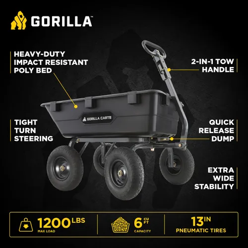Miniatura 2 de Gorilla Carts Carro Volquete de Patio de Polietileno Resistente, Tina de 6 Pies Cúbicos, Capacidad de Transporte de 1200 Libras, Color Negro – Carro