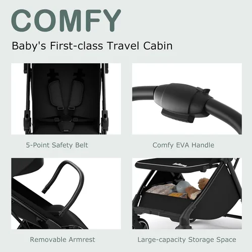 Miniatura 7 de INFANS Cochecito de viaje plegable ultracompacto listo para avión, plegado por gravedad con una sola mano cerca del asiento reclinable plano, Negro