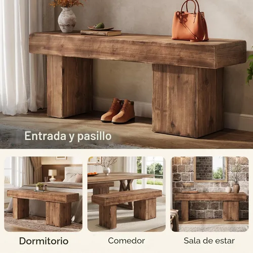 Miniatura 5 de Banco de madera maciza gruesa, banco de entrada rústico de 47 pulgadas con patas artísticas, banco de comedor resistente para cocina, sala de estar