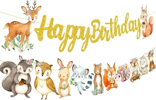 Cartel de feliz cumpleaños de animales del bosque, decoraciones de criaturas del bosque, 2 piezas de pancartas recortadas de animales del bosque