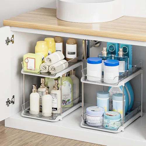 Miniatura 5 de Delamu - Organizadores y almacenamiento de 2 niveles para debajo del fregadero del baño, multiuso, apilables, organización de cocina y despensa