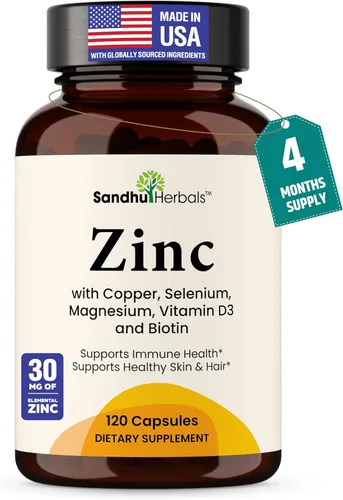 Zinc 30mg con cobre, selenio y vitamina D3 | 120 cápsulas | Magnesio, vitamina B6, complejo de biotina | Suplementos de zinc quelado absorbible para