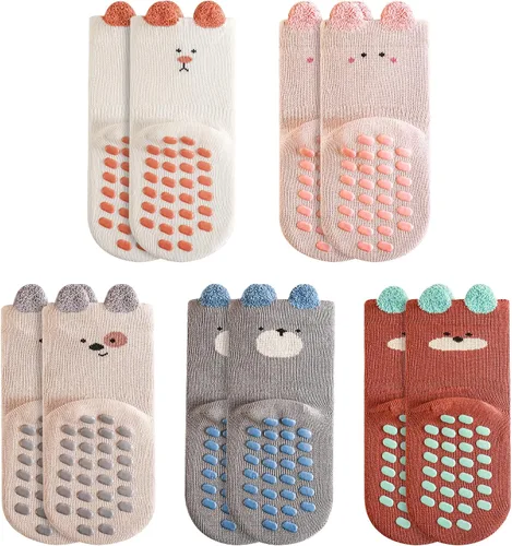Adorable diseño de animales de dibujos animados calcetines de algodón antideslizantes para bebés, 5 pares de calcetines antideslizantes para niños