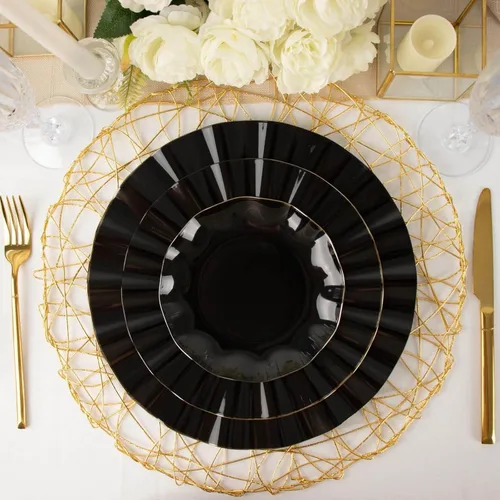 Miniatura 9 de Efavormart - Platos de cena de 11 pulgadas – Juego de 10 platos desechables redondos de plástico negro con borde dorado rizado – Vajilla elegante