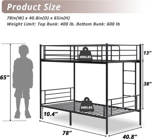 Miniatura 2 de Karl home - Litera de tamaño individual sobre individual en negro con 2 cajones de almacenamiento, litera de metal con escalera incorporada