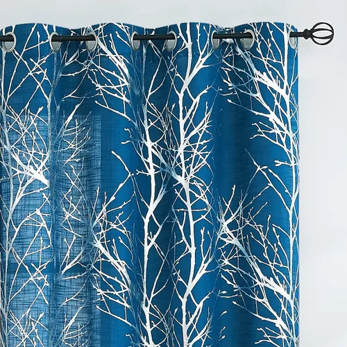 Miniatura 11 de FMFUNCTEX Cortinas de Lino Semitransparentes para Dormitorio, Cortinas Azules y Blancas de 63 Pulgadas de Largo para Sala de Estar, Cortinas de Rama