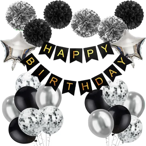 Miniatura 8 de Decoraciones de cumpleaños para hombres, suministros de decoración de fiesta dorado y negro, incluye pancarta de feliz cumpleaños, confeti, globos