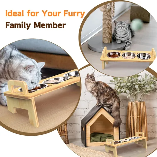 Miniatura 7 de Tazón Elevado de Comida para Gatos, 3 Cuencos Elevados de Acero Inoxidable para Gatos con Soporte, Cuenco Inclinado 15° para Perros Pequeños