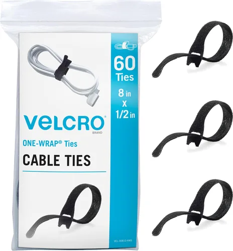 VELCRO Brand Sujetacables resistentes reutilizables | Paquete de 60 piezas | Correas ONE-WRAP de 8 x 1/2 pulgadas, color negro, gestión de cables