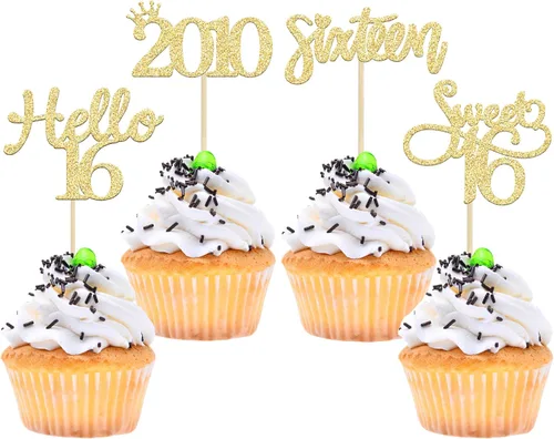 Miniatura 58 de Gyufise Paquete de 24 adornos negros para cupcakes de 10.º cumpleaños con purpurina negra 10 Ten Hello 10 Dights dobles desde 2015 para decoraciones
