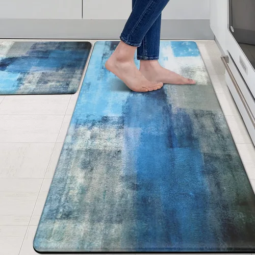 Miniatura 15 de MAYHMYO Juego de 2 tapetes de cocina antifatiga, diseño de mármol y azul, alfombrillas acolchadas y antideslizantes