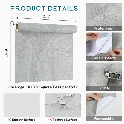 Miniatura 9 de VEELIKE Papel tapiz de hormigón para despegar y pegar, papel de contacto de hormigón envejecido, impermeable, autoadhesivo y grueso, papel tapiz