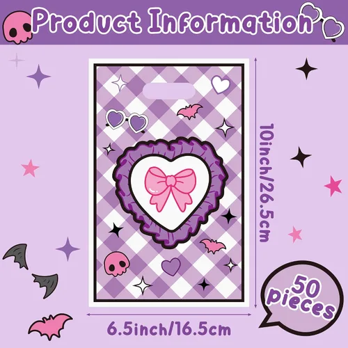 Miniatura 2 de 50 bolsas de regalo de plástico con diseño de dibujos animados kawaii de 6.5 x 10 pulgadas, con diseño de corazón de lazo y asas, para fiestas