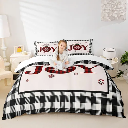 Miniatura 29 de Juego de funda de edredón para niños con diseño de Navidad, tamaño individual, camiones rojos y árboles de pino con copos de nieve, decoración