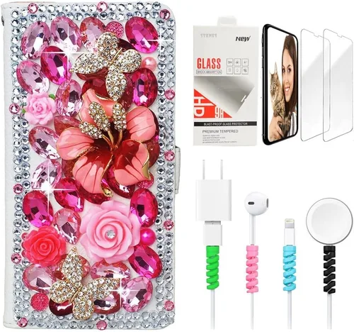 Bling - Funda de piel con tapa para iPod Touch 5ª, 6ª y 7ª - Elegante - Diseño de flores en 3D - Funda de piel con protector de pantalla y protector