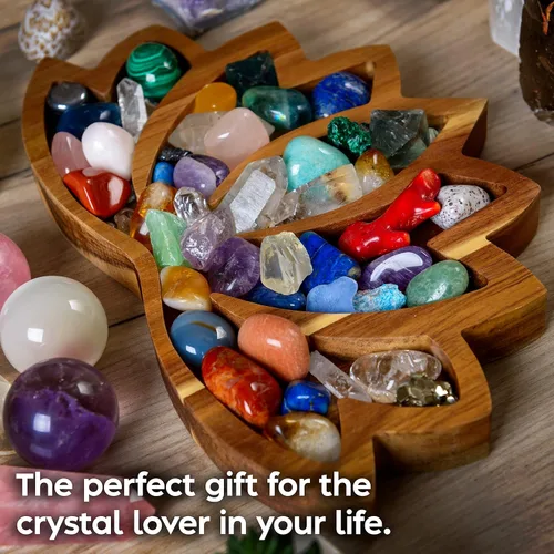 Miniatura 5 de Bandeja de Exhibición de Cristal Lotus – Muestra Tus Gemas, Piedras Curativas y Tesoros – Cuenco de Madera para Rocas de 11"x7", Soporte de Cristal