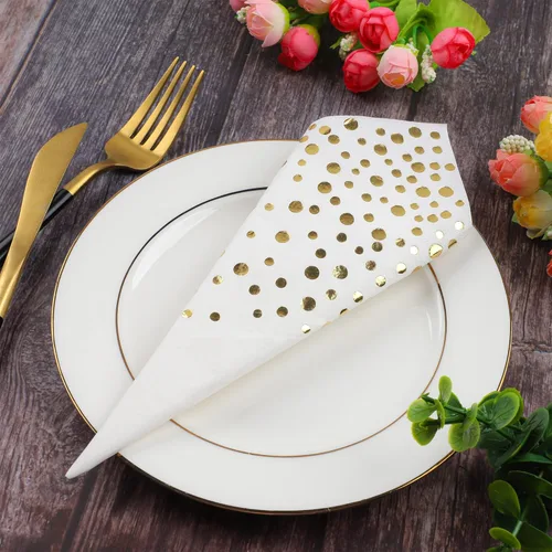 Miniatura 3 de Paquete de 120 servilletas de papel de aluminio dorado con lunares blancos y dorados, toallas de mano desechables metálicas para boda, baby shower