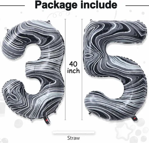 Miniatura 3 de Globos gigantes de papel de aluminio de mármol negro de 40 pulgadas, globos gigantes de helio con el número 35 o 53 para decoraciones de cumpleaños
