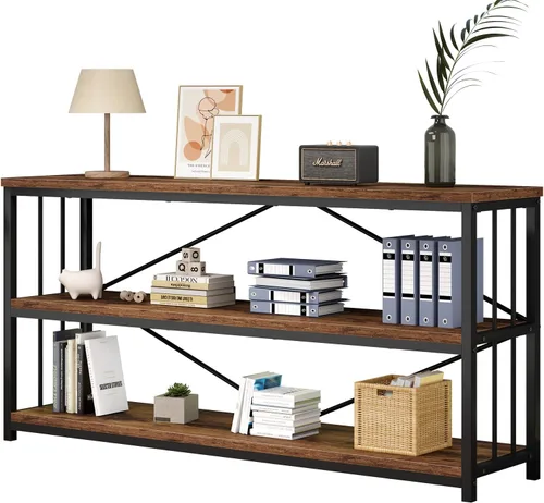 IBF - Librero bajo rústico de 3 niveles, estantería industrial horizontal de madera, estantería larga y ancha de estilo granja de metal, estantería