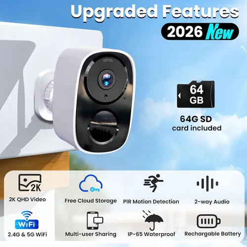 Miniatura 2 de Cámara de seguridad inalámbrica 2K mejorada 2025 con tarjeta SD de 64G, almacenamiento en la nube gratuito, duración de la batería de 1 a 6 meses