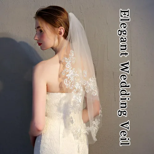 Miniatura 6 de 2 niveles velos de boda de encaje para novias corto longitud de cintura velo de novia con peine para novias
