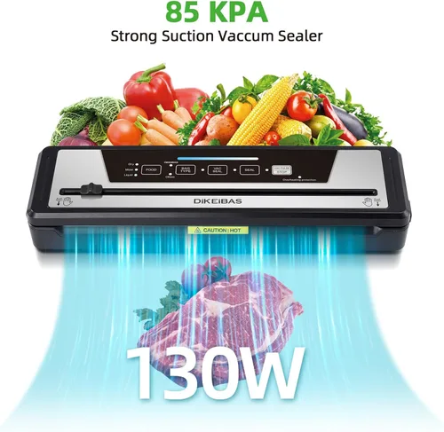 Miniatura 5 de Máquina selladora al vacío DIKEIBAS con 10 bolsas y rollo de bolsa de 10 pies Potente succión de 85kPa Sellador automático de alimentos