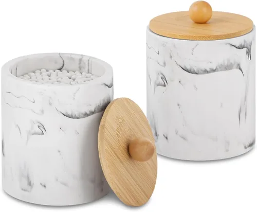 Miniatura 10 de Dispensador de soporte Qtip para baño con tapa, soporte para hisopos de algodón de tocador, recipiente de bola de algodón de resina, esponjas