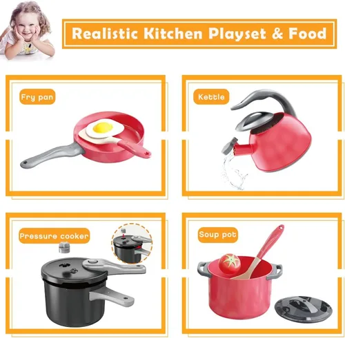 Miniatura 5 de Bruvoalon Juego de 32 juguetes de cocina para niños, accesorios de cocina con ollas, sartenes, utensilios de cocina, alimentos, verduras enlatadas