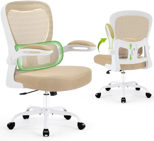AreShark Silla de oficina ergonómicas con soporte lumbar ajustable, silla de malla transpirable con respaldo alto con ruedas y reposabrazos Caqui