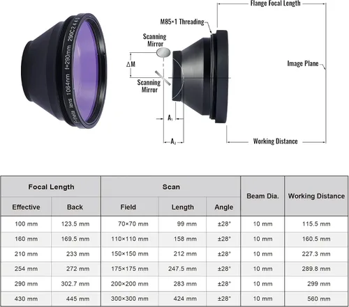 Miniatura 5 de OMTech Lente F Theta para grabadores láser de fibra, lente de escaneo óptico de repuesto de 11.811 x 11.811 in para máquinas de grabado de marcado
