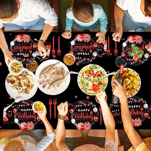 Miniatura 6 de Suministros de fiesta de cumpleaños rojo y negro, confeti con chispas de feliz cumpleaños, incluye platos de fiesta, servilletas, tenedor y mantel